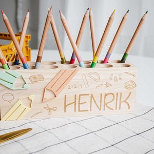 "School Icons" Desk Organizer made of wood & acrylic | Personalized pen holder for the desk | Back-to-school gift image 4
