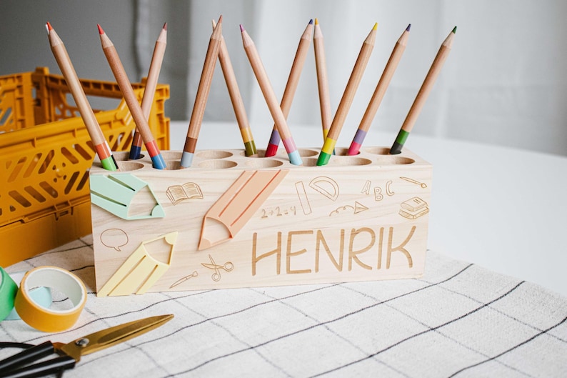 "School Icons" Desk Organizer made of wood & acrylic | Personalized pen holder for the desk | Back-to-school gift image 4