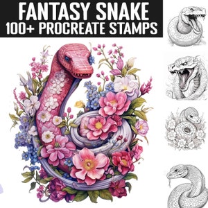 Op de afbeelding: Een digitale illustratie van een roze slang met een bloemmotief. De slang is om een ​​boeket roze, witte en blauwe bloemen gewikkeld. De afbeelding heeft de titel "Fantasy Snake 100+ Procreate Stamps".