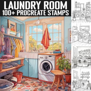 May include: A cartoon illustration of a laundry room with a washing machine, a sink, a window, and a clothes rack. There are clothes hanging on the rack, a towel hanging on the window, and plants in pots on the floor. The room has a light blue wall and a wooden floor. The illustration is in a cartoon style with bright colors.