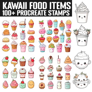 100+ Procreate Kawaii Food Items Stamps | Food Item guides | Instant Digital Download