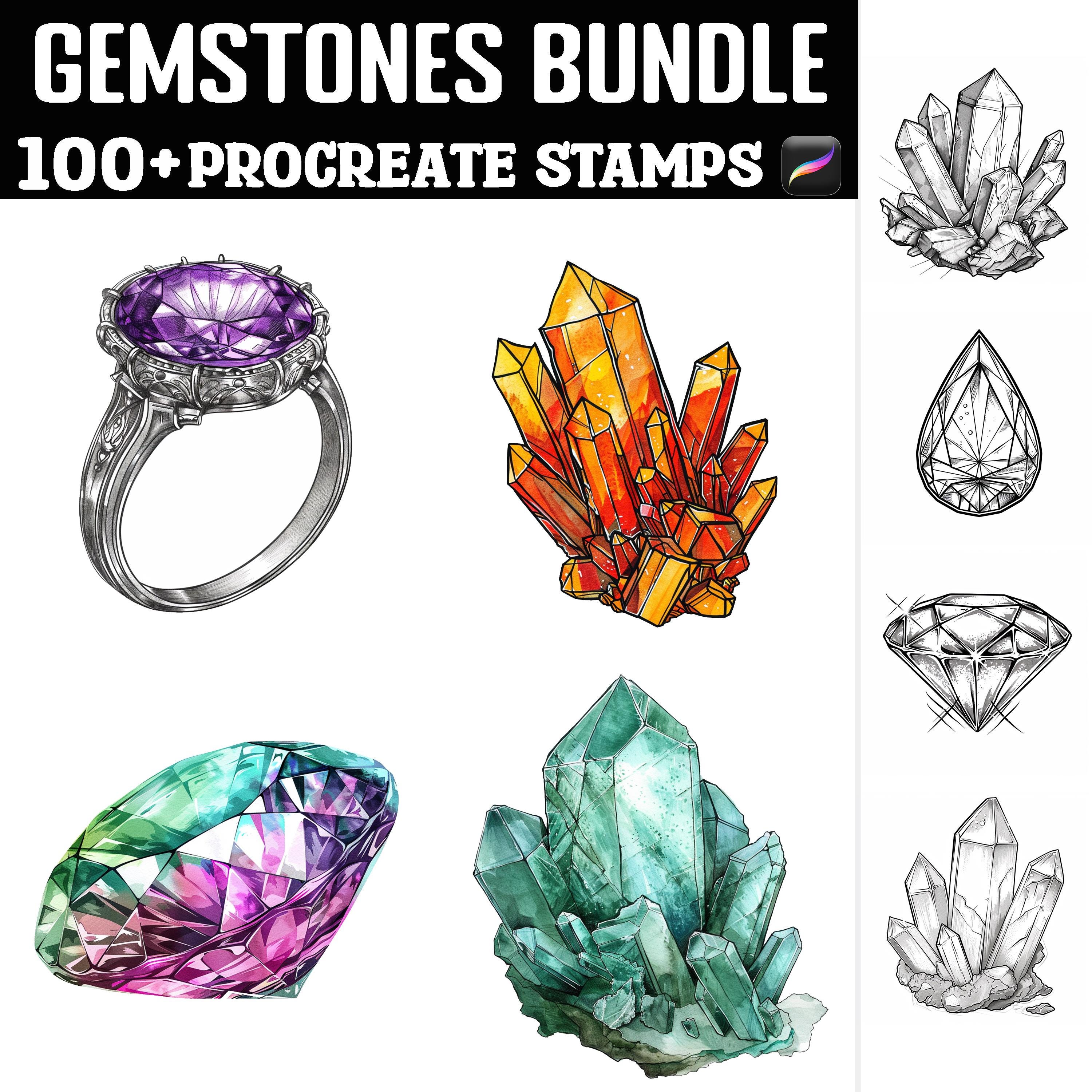100+ Gemstone Procreate Stamps & Brushes | Crystal, Faceted Cuts, Jewel Shapes | Instant Download