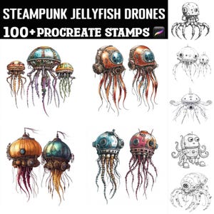 May include: A set of 100+ digital stamps featuring steampunk jellyfish drones. The stamps are in various colors and styles, including black and white line drawings and colorful illustrations. The stamps are perfect for adding a unique and whimsical touch to your digital art projects.