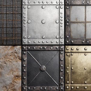 May include: Six panels with different metal textures. The image shows riveted plates, a wire mesh, and a stone-like surface. The colour scheme includes grey, silver, and bronze tones, creating a rugged, industrial aesthetic. The panels are square in shape.