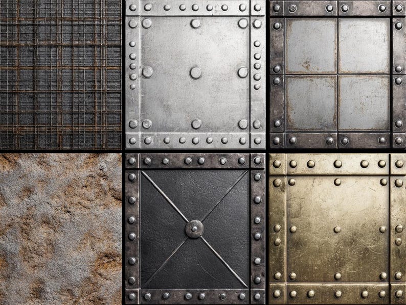 May include: Six panels with different metal textures. The image shows riveted plates, a wire mesh, and a stone-like surface. The colour scheme includes grey, silver, and bronze tones, creating a rugged, industrial aesthetic. The panels are square in shape.