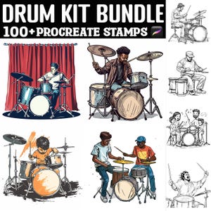 May include: A set of 100+ digital stamps featuring illustrations of drummers playing various drum kits. The stamps are designed for use in the Procreate app. The illustrations are in a cartoon style and feature a variety of drummers, including children, adults, and musicians of different races.