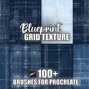 Può includere: Un design di arte digitale con una texture a griglia di blueprint blu scuro. L'immagine include il testo "Blueprint Grid Texture" e "100+ Brushes for Procreate" con un'icona dell'app Procreate.