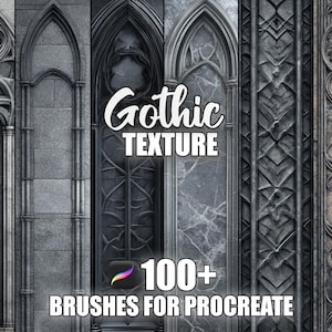 Può includere: Grafica di arte digitale con pennelli per texture gotiche per Procreate. L'immagine mostra vari elementi architettonici in tonalità grigie e nere, con il testo "Gothic Texture" e "100+ Brushes for Procreate".