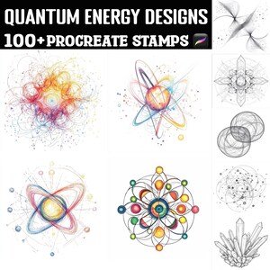 Puede incluir: Un conjunto de más de 100 sellos digitales con diseños abstractos coloridos inspirados en la energía cuántica. Los sellos son perfectos para usar en Procreate, una aplicación de arte digital popular.