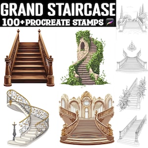 Puede incluir: Un conjunto de más de 100 sellos de Procreate que presentan varios estilos de grandes escaleras. Los sellos incluyen escaleras ornamentadas, de madera y de piedra, así como escaleras de caracol. Los sellos son perfectos para agregar un toque de elegancia y grandeza a tu arte digital.