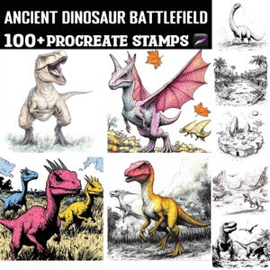 Puede incluir: Conjunto de arte digital titulado "Ancient Dinosaur Battlefield" con más de 100 sellos de Procreate. La imagen presenta ilustraciones coloridas de varios dinosaurios, incluyendo un Tyrannosaurus Rex, un dinosaurio alado y otras criaturas prehistóricas.