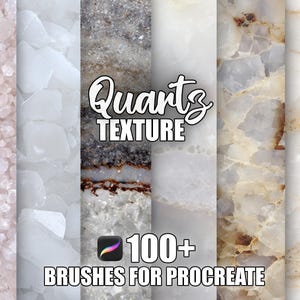 Puede incluir: Gráfico de arte digital con diversas texturas de cuarzo. La imagen incluye el texto "Quartz Texture" y "100+ Brushes for Procreate". Las texturas varían en color, desde blanco hasta marrón y beige.