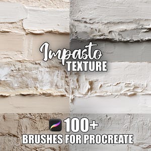 Pode incluir: Gráfico de arte digital com pinceladas texturizadas em branco, bege e cinza. As palavras "Impasto TEXTURE" são exibidas em uma fonte estilizada, juntamente com "100+ BRUSHES FOR PROCREATE" e o logotipo do aplicativo Procreate.