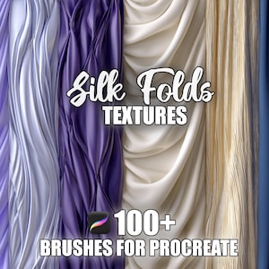 Könnte beinhalten: Digitales Kunstwerk mit Seidenfalten in verschiedenen Farben: Lavendel, Silber, Lila, Creme, Gold und Marineblau. Der Text "Silk Folds TEXTURES" und "100+ BRUSHES FOR PROCREATE" ist zu sehen.