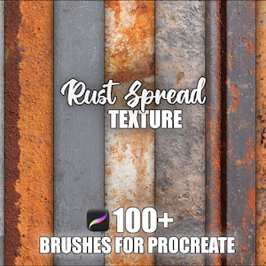 Op de afbeelding: Een verticale compositie van roesttexturen in grijstinten, oranje en bruin. De tekst "Rust Spread Texture" staat in een sierlijk lettertype. De tekst "100+ BRUSHES FOR PROCREATE" is ook zichtbaar.