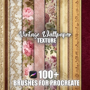 Op de afbeelding: Een digitale afbeelding met vintage behangtexturen. De afbeelding toont bloempatronen, strepen en damastontwerpen in roze, goud en bordeaux tinten. Tekst luidt "Vintage Wallpaper Texture" en "100+ Brushes for Procreate."