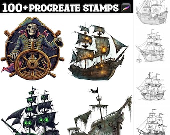 Más de 100 sellos y pinceles de barcos piratas malditos para Procreate. Descarga digital instantánea.