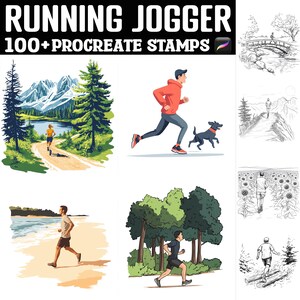 May include: A set of 100+ Procreate stamps featuring illustrations of people running, including a runner with a dog, a runner in a forest, a runner on a beach, and a runner in a field of sunflowers. The stamps are perfect for adding a touch of movement and activity to your digital art.