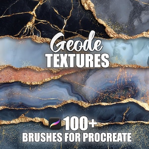 Puede incluir: Imagen de texturas de geodas en capas en tonos negro, azul y oro rosa, con detalles dorados. El texto "Geode TEXTURES" y "100+ BRUSHES FOR PROCREATE" se muestra en blanco, para arte digital.