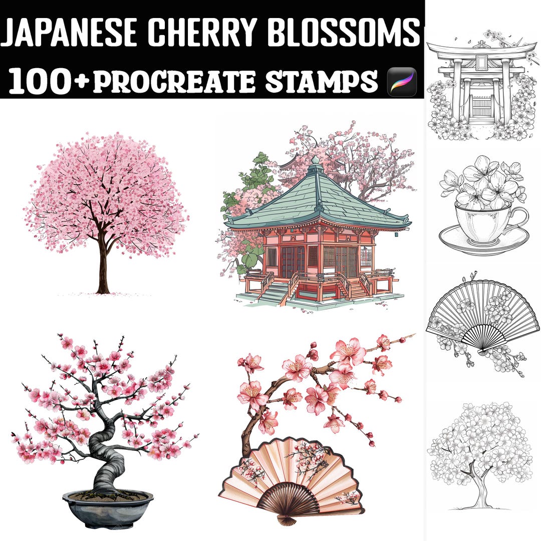 100+ Japanese Cherry Blossoms Procreate Stamps | Procreate Brushes ...