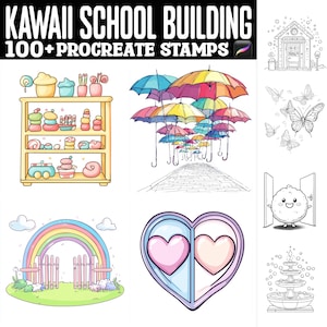 Peut inclure: Un ensemble de plus de 100 tampons Procreate pour bâtiments scolaires Kawaii. Les tampons présentent de jolies illustrations d'une arche-en-ciel, d'une fenêtre en forme de cœur, d'une école, d'une fontaine, d'une étagère, d'une rangée de parapluies et d'une porte avec un personnage souriant.