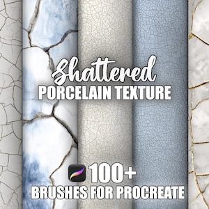 May include: A digital art graphic featuring a variety of cracked porcelain textures in white, blue, and gray. The text reads "Shattered Porcelain Texture" and "100+ Brushes for Procreate."