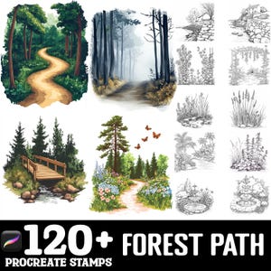 May include: A set of 120+ Procreate stamps featuring forest paths, trees, bridges, and other nature-inspired elements. The stamps are perfect for creating digital art and illustrations.
