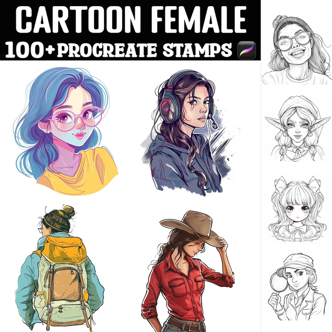 100+ Cartoon Female Procreate Stamps | Procreate Brushes | Instant ...
