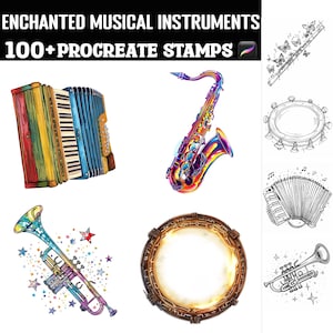 May include: A set of 100+ Procreate stamps featuring colorful and black and white illustrations of musical instruments, including a saxophone, trumpet, accordion, and a tambourine. The stamps are perfect for adding a musical touch to your digital art.