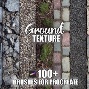 May include: An image showcasing various ground textures, including large gray rocks, small gravel, moss, brick pavers, asphalt, and stone slabs. The text "Ground Texture" and "100+ Brushes for Procreate" are overlaid on the image.