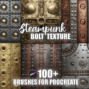 May include: A digital art graphic showcasing diverse steampunk bolt textures in metallic shades. The image includes the text "Steampunk Bolt Texture" and "100+ Brushes for Procreate."