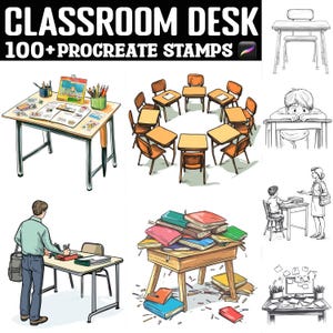 以下が含まれることがあります： 教室の机のデザインが様々な、100種類以上のProcreateスタンプのセットです。スタンプには、鉛筆付きの机、円形に配置された机のグループ、本の積み重ねられた机、生徒が座っている机などがあります。スタンプは、イラスト、デジタルアート、その他のクリエイティブなプロジェクトを作成するのに最適です。