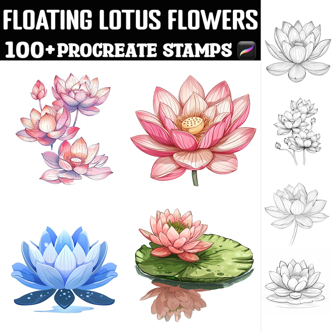 100+ Floating Lotus Flowers Procreate Stamps | Procreate Brushes ...