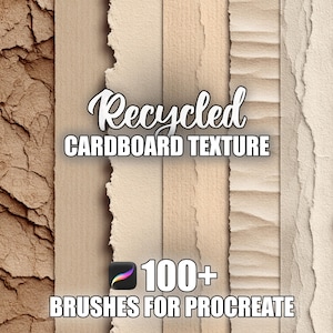 May include: A digital art graphic featuring a variety of recycled cardboard textures in shades of beige, brown, and tan. The text "Recycled Cardboard Texture" is displayed in a cursive font, with "100+ Brushes for Procreate" below.