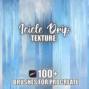 Può includere: Risorsa di arte digitale con una texture di ghiaccioli blu e bianchi. L'immagine include il testo "Icicle Drip TEXTURE" e "100+ BRUSHES FOR PROCREATE" con il logo dell'app Procreate. Lo sfondo ha una sfumatura di blu e bianco.