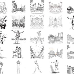 Puede incluir: Una ilustraci&oacute;n en blanco y negro de varias escenas de Las Vegas, incluyendo la fuente del Bellagio, el Strip y un casino.