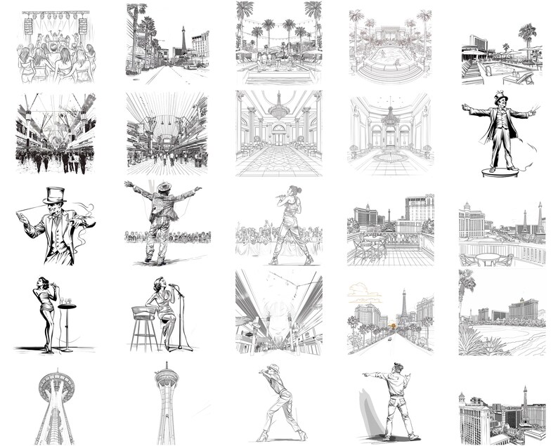 Puede incluir: Una ilustraci&oacute;n en blanco y negro de varias escenas de Las Vegas, incluyendo la fuente del Bellagio, el Strip y un casino.
