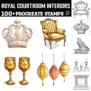 May include: A set of 100+ digital stamps featuring royal courtroom interior design elements. The stamps include a gold armchair, a crown, a golden goblet, a lantern, and a candelabra.