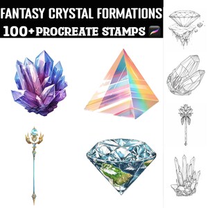 May include: Digital art featuring fantasy crystal formations and Procreate stamps. The image showcases a variety of crystals in different shapes and colors, including a purple cluster, a rainbow pyramid, and a diamond with an Earth design.