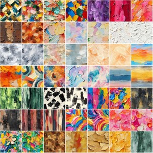 K&ouml;nnte beinhalten: Eine Sammlung von 48 quadratischen abstrakten Kunstwerken. Jedes St&uuml;ck zeigt ein einzigartiges strukturiertes &Ouml;lgem&auml;lde-Design mit einer Vielzahl von Farben, darunter Blau-, Gr&uuml;n-, Rot-, Gelb- und Violettt&ouml;ne. Das Kunstwerk zeigt Pinselstriche und Impasto-Techniken.