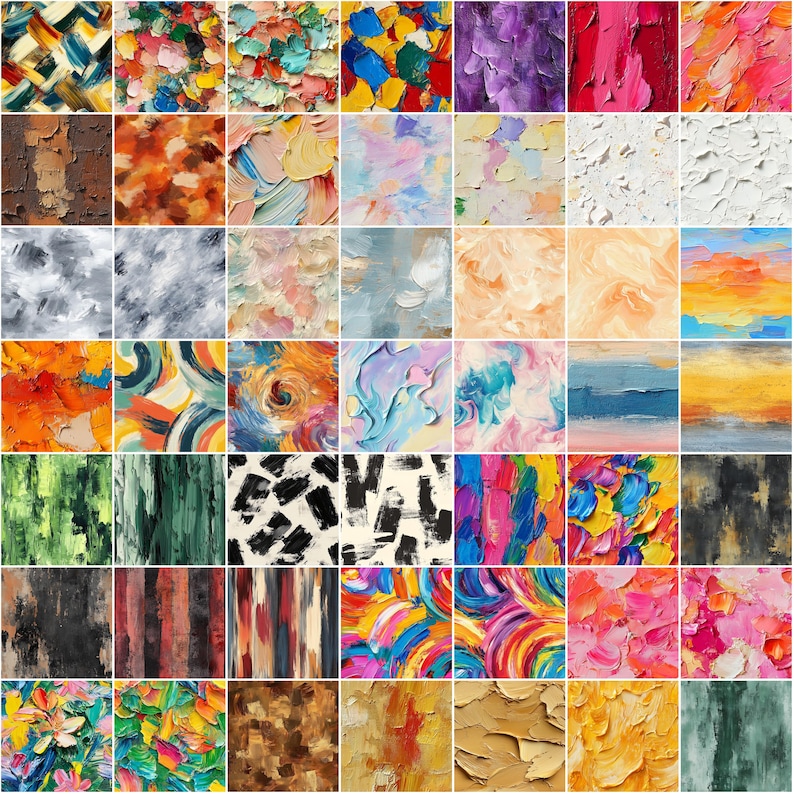 K&ouml;nnte beinhalten: Eine Sammlung von 48 quadratischen abstrakten Kunstwerken. Jedes St&uuml;ck zeigt ein einzigartiges strukturiertes &Ouml;lgem&auml;lde-Design mit einer Vielzahl von Farben, darunter Blau-, Gr&uuml;n-, Rot-, Gelb- und Violettt&ouml;ne. Das Kunstwerk zeigt Pinselstriche und Impasto-Techniken.