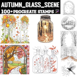May include: Digital art stamps featuring autumn scenes. Includes illustrations of trees with orange and yellow leaves, a forest path in a jar with a lightbulb, and a stained-glass window with a fall landscape. The text reads "AUTUMN_GLASS_SCENE 100+ PROCREATE STAMPS."