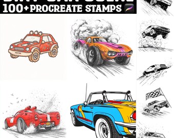 Op de afbeelding: Digitale illustraties van verschillende raceauto's in actie, waaronder een rode offroad-auto, een driftende oranje en roze auto en een blauwe cabriolet. De tekst "DIRT CAR SCENE" en "100+ PROCREATE STAMPS" staan bovenaan.