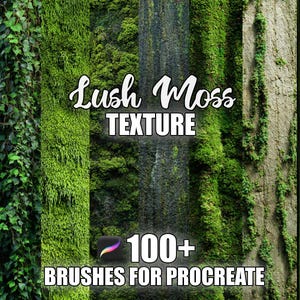 Puede incluir: Imagen que muestra varias texturas de musgo exuberante y vegetación. El texto "Lush Moss TEXTURE" se muestra en una fuente decorativa. Debajo, el texto "100+ BRUSHES FOR PROCREATE" es visible, junto con el logotipo de la aplicación Procreate.