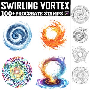 May include: A set of 100+ Procreate stamps featuring swirling vortex designs. The stamps include a variety of colors and styles, including blue, orange, red, and black and white.