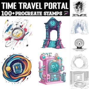 May include: Digital art featuring a compass, clock tower, and time machine illustrations. The text "TIME TRAVEL PORTAL" and "100+ PROCREATE STAMPS" are displayed at the top. The images are colorful and whimsical, suitable for digital art enthusiasts.