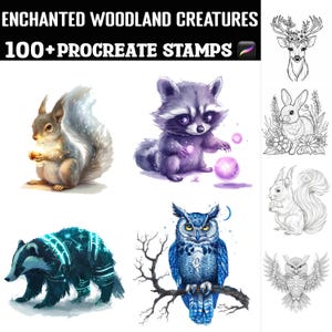 May include: A set of 100+ digital stamps featuring woodland creatures. The stamps are in both color and black and white. The creatures include a raccoon, owl, squirrel, badger, deer, and rabbit. The text "ENCHANTED WOODLAND CREATURES 100+ PROCREATE STAMPS" is at the top of the image.