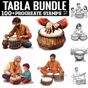 May include: A set of 100+ Procreate stamps featuring illustrations of people playing the tabla, a pair of hand drums. The stamps include various poses and angles of the tabla players, as well as close-up shots of the instruments themselves.