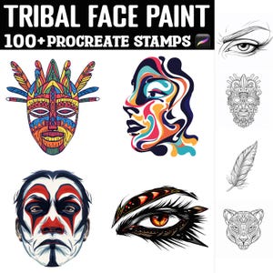 Könnte beinhalten: Ein Set mit über 100 Procreate-Stempeln für Tribal-Gesichtsbemalung. Die Stempel zeigen farbenfrohe Designs von Masken, Augen, Federn und Tiergesichtern. Die Stempel sind perfekt, um einzigartige und kreative Designs zu erstellen.