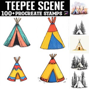 May include: Digital art featuring colorful teepee designs. The image includes the text "TEEPEE SCENE" and "100+ PROCREATE STAMPS". The teepees are in various colors, including teal, orange, yellow, and blue, with detailed illustrations.